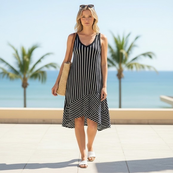CAbi Dresses & Skirts - Cabi Black White Striped High‎ Low Sleeveless Knit Dress Coastal Resortwear XS